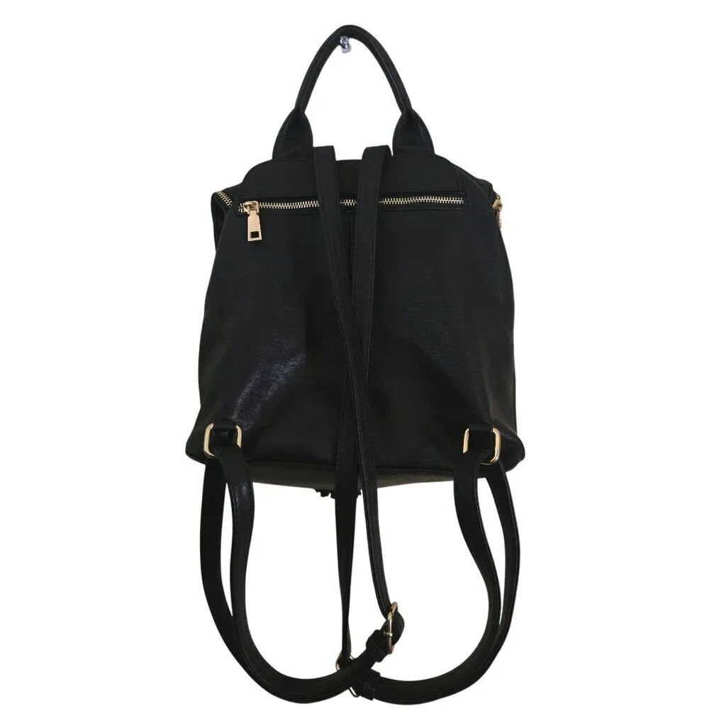 Myztique The Diana Backpack Black Faux Leather Adjustable Zip Snap Closure